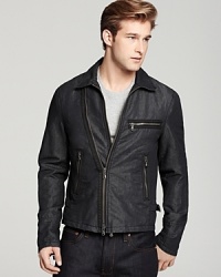 Lightweight biker jacket with diagonal zip front closure and belted waist detail.