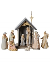 The true miracle of Christmas comes to life in this mini nativity set as Mary, Joseph and baby Jesus sit inside the manger surrounded by adorning onlookers.