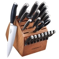 Hand-forged from premium quality high carbon, stainless German steel, this new 21 piece Calphalon cutlery set features sleek, ergonomically contoured grip handles. A full tang design provides superior strength and balance. The name of each knife is etched into the end of its handle for quick I.D.