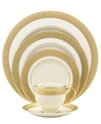 A classic handcrafted collection from Lenox, this Westchester place setting brings distinctive beauty to the table, featuring sturdy bone china and exquisitely etched gold borders for a lustrous glow.