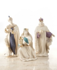 The three kings of the nativity story will make a graceful addition to your mantel or end table this holiday season, in fine ivory china with hand-painted enamel and 24-karat gold accents. Balthazar: measures 8-1/2 high. Melchior: measures 5-1/2 high. Gaspar: measures 8-1/4 high.