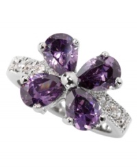 Look pretty and poised in purple. City by City ring features fresh flower petals of pear-cut, purple cubic zirconias (8-3/8 ct. t.w.). Crafted in silver tone mixed metal. Size 5, 6, 7, 8 and 9.