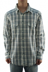 Lucky Brand Men's White w/Blue Plaid Stripes Long Sleeve Button-Up Shirt