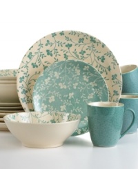 Allover blooms rooted in vintage charm conceal the hardy stoneware of Fresh Flowers dinnerware from Sango. With simple coupe bowls and plates, plus mugs in a complementary aqua hue.