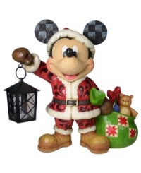 Santa is mousing around! Mickey Mouse makes his way through the naughty & nice list with a bulging bag of toys and an updated red suit. Eccentric detailing, like glimmering checked contrast on his signature ears and a curlicue design, catches the eye.