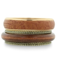 Earthy Set of Four Bangle Bracelets, 2 Brass, One Faux Skin, One Wood