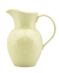 With fanciful beading and an antiqued edge, this Lenox French Perle pitcher has an irresistibly old-fashioned sensibility. Hardwearing stoneware is dishwasher safe and, in a soft pistachio hue, a graceful addition to every meal.