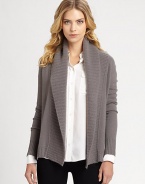 An ultra-cozy knit in luxurious cashmere with an oversized shawl collar. Shawl collarOpen frontRibbed trim at neckline, cuffs and hemAbout 26 longCashmereDry cleanImported