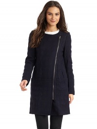 THE LOOKCollarlessAsymmetrical zip front closureLong sleevesDual slash front pocketsTHE FITAbout 36 from shoulder to hemTHE MATERIAL75% wool/25% polyesterPolyester liningCARE & ORIGINDry cleanImported