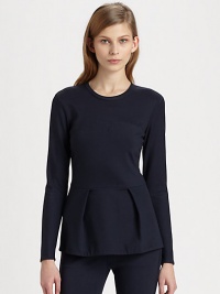 Finished with a sophisticated peplum hem, this stretchy crewneck has intricate stitching that forms a bodice-like silhouette. CrewneckLong sleevesPeplum hemInvisible back zipper72% viscose/23% polyamide/5% elastaneDry cleanImported of Italian fabricModel shown is 5'10 (177cm) wearing US size 2.