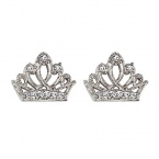 .925 Sterling Silver Rhodium Plated Crown CZ Stud Earrings with Screw-back for Children & Women