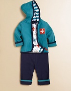 Your little jet-setter will look the part in this charming, plush cotton three-piece set adorned with airplanes for fly style. Bodysuit Envelope necklineShort sleevesBottom snaps Pants Elastic waistbandCuffed hem Jacket Attached hoodLong sleevesFull-zip frontCottonMachine washImported Please note: Number of buttons/snaps may vary depending on size ordered. 