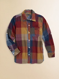 Rustic style gets a sophisticated edge in this multicolored button-down with an oversized check pattern.Point collarLong roll-tab sleeves with button cuffsFront button placketFront patch pocketCurved hemMachine washImported