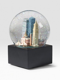 EXCLUSIVELY OURS. Specks of iridescence float around the landmarks of Boston including: Quincy Market, Hancock Tower, Fanueil Hall Glass dome and resin figures Plays Yankee Doodle 6 high Imported