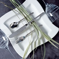 Add a New Wave of vibrance to your table setting with this innovative flatware collection. Distinguished by modern design with thin handles, this flatware works with a variety of table settings. The 64 piece set includes 12 of each: Dinner fork, salad fork, dinner knife, soup spoon, teaspoon, plus a 4 piece serving set.