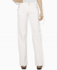 Eagle-embossed buttons add nautical panache to these wide-leg twill pants from Lauren Jeans Co.