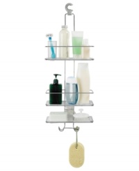 This large capacity Shower Caddy is the ultimate in shower organization, featuring three trays that pop out for easy cleaning, special holes to store bottles upside down and a Hold Tight™ Hook to keep the caddy securely in place. Also includes two hooks at the bottom for hanging loofahs, brushes and more.