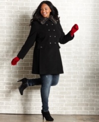 Salute the cold weather season in style with American Rag's double-breasted plus size coat, finished by a faux fur collar.