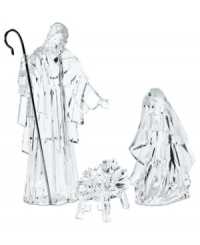 An elegant setting simply on their own, these three figurines sparkle upon a mantle or table as Mary kneels beside Baby Jesus resting in a cradle and the proud father stands tall with a cane in tow.