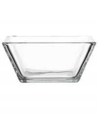 Clear the table. Layer patterns and colors with the sleek, minimalist look of square bowls in solid glass.