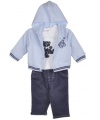 GUESS Kids Boys Baby Teddy Tee, Jacket and Pant Set, LIGHT BLUE (3/6M)