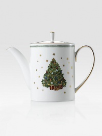 A festive Christmas tree surrounded by golden stars adorns this charming holiday teapot of fine bone china edged in 24k gold with a graceful laurel leaf border.Bone china9 diameter X 5HHand washImported