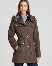 The military trend stays strong with a Laundry by Shelli Segal wool jacket, touting a sharp drawstring waist, silver-tone hardware and warm faux fur lining throughout.