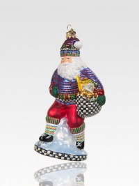 With a Courtly Check sack full of gifts, a glittering Santa glides across the ice, exquisitely crafted of mouth-blown, hand-painted glass.Glass6H X 3W X 2.5DImported Please note: Due to their handmade nature, ornaments may vary slightly. 