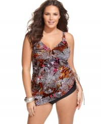 A bold tribal-inspired print gives Christina's plus size swimdress a hot look! Wear it with the side cinched up or down.