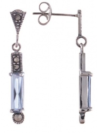 Sterling Silver Blue Topaz CZ Baguette Marcasite Drop Earrings