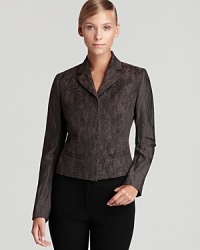 Exotics go executive as sleek snakeskin texture infuses this T Tahari jacket with a touch of the unexpected.