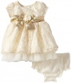 Youngland Baby-Girls Newborn Lace Dress with Bow and Matching Panty, Ivory/Gold, 6-9 Months