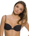 Contoured shaped, underwire bra with polka dot print and pretty scalloped trim. Style #E72-314