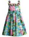 Size-5 BNJ-9379M AQUA-BLUE PINK MULTI 'Island Floral' PRINT RUFFLE NECKLINE Spring Summer Party Dress,M69379 Bonnie Jean GIRLS