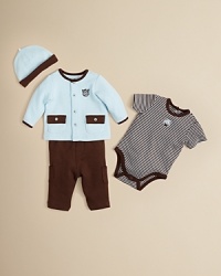 Dress your little one in this darling quilted set-including a jacket, bodysuit, pant and hat-in blue and brown.