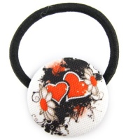 Red Black & White - Vector Filigree With Hearts - Printed Silk Screen - Woven Fabric Covered Button - Hair Elastic