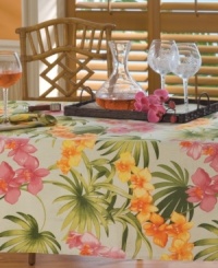 Oversized florals bloom with Tommy Bahama's signature style on table linens offering an enticing escape from ordinary dining. Bright orange, pink and green pack a tropical punch on the neutral, linen-hued ground of this fresh and casual African Orchid tablecloth.