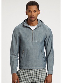 EXCLUSIVELY AT SAKS. Lightweight chambray pullover with partial zip front and attached hood lends an unexpected twist to a casual ensemble.Quarter-zip frontAttached hoodZippered waist pocketsCottonMachine washImported