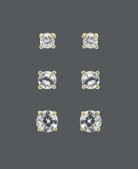 Pick the right pair of sparkle to suit the occasion! B. Brilliant's stunning stud set features three pairs of round-cut cubic zirconias (1-3/4 ct. t.w.) in three different sizes. Set in 18k gold over sterling silver. Approximate diameters: 3, 4, and 5 mm.