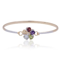 18k Yellow Gold Plated Sterling Silver Multi-Gemstone and Diamond Flower Bangle Bracelet