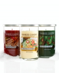 Decorate with good sense. This festive, great-for-giving Yankee candle fills the home with unmistakable holiday scents and, with red, white and green wax, fits cheerily into any Christmastime setting.