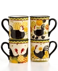 Cute chicken and check patterns on Oh Happy Day mugs promise to make every meal sunny and bright. Easy-care earthenware adds to the appeal of charming country dinnerware from Certified International.