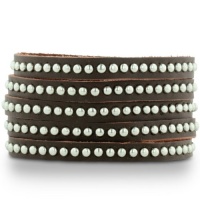 5 SPLIT LEATHER W/ STUDS BRN Brown Shredded Leather and Silver Tone Studded Cuff Bracelet