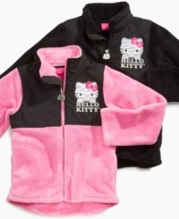 A style she loves with her favorite cartoon kitty, this Hello Kitty fleece jacket will keep her warm in cold weather.