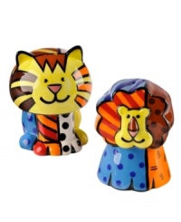 Two cool cats. Shaped by the vivid colors and bold patterns of Brazilian pop artist Romero Britto, Lion salt and pepper shakers bring out the wild side of any table setting.