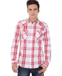 Mix up your casual look from the standard fare with this cool plaid shirt from Buffalo David Bitton.