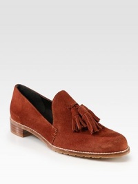 Oxford-inspired suede design with a stacked heel and playful tassels. Stacked heel, 1 (25mm)Suede upperLeather liningRubber solePadded insoleMade in SpainOUR FIT MODEL RECOMMENDS ordering true size. 