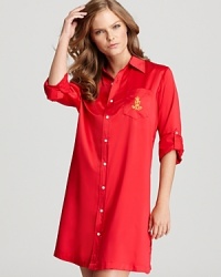 Rise and shine in Lauren Ralph Lauren's boyfriend-style, satin sleep shirt with an embroidered logo pocket.