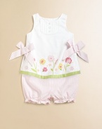 This darling two-piece set in classic seersucker with floral embroidery, contrasting ribbon hem and sweet bows is the perfect warm weather ensemble.CrewneckSleeveless with back buttonsContrasting ribbon hemElastic waistband and leg openingsCottonMachine washImported Please note: Number of buttons vary depending on size ordered. 