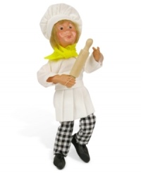 Ready to roll, this Byers' Choice figurine is a cute gift for the holidays that'll live in the kitchen year-round. Chef's whites are spiced up with plaid pants and a neon yellow scarf.